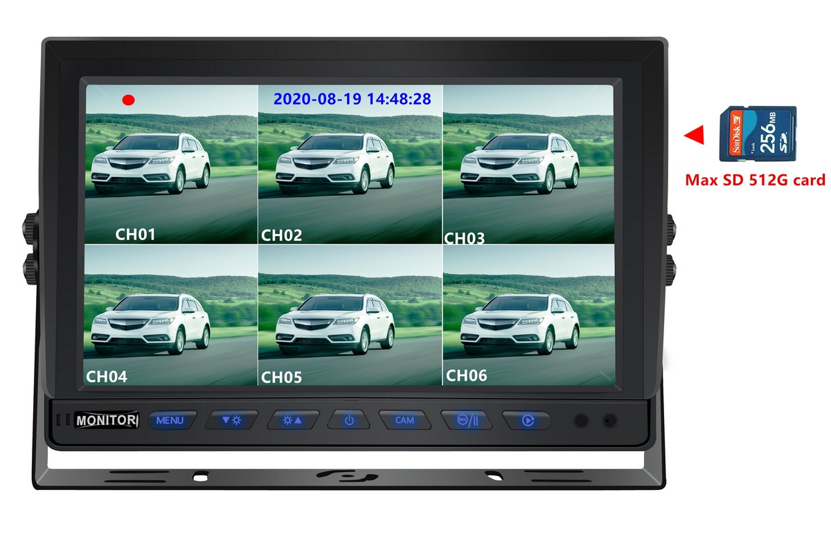 Monitor trasero de 10 pulgadas con grabación en tarjeta SD Soporte para 8 cámaras