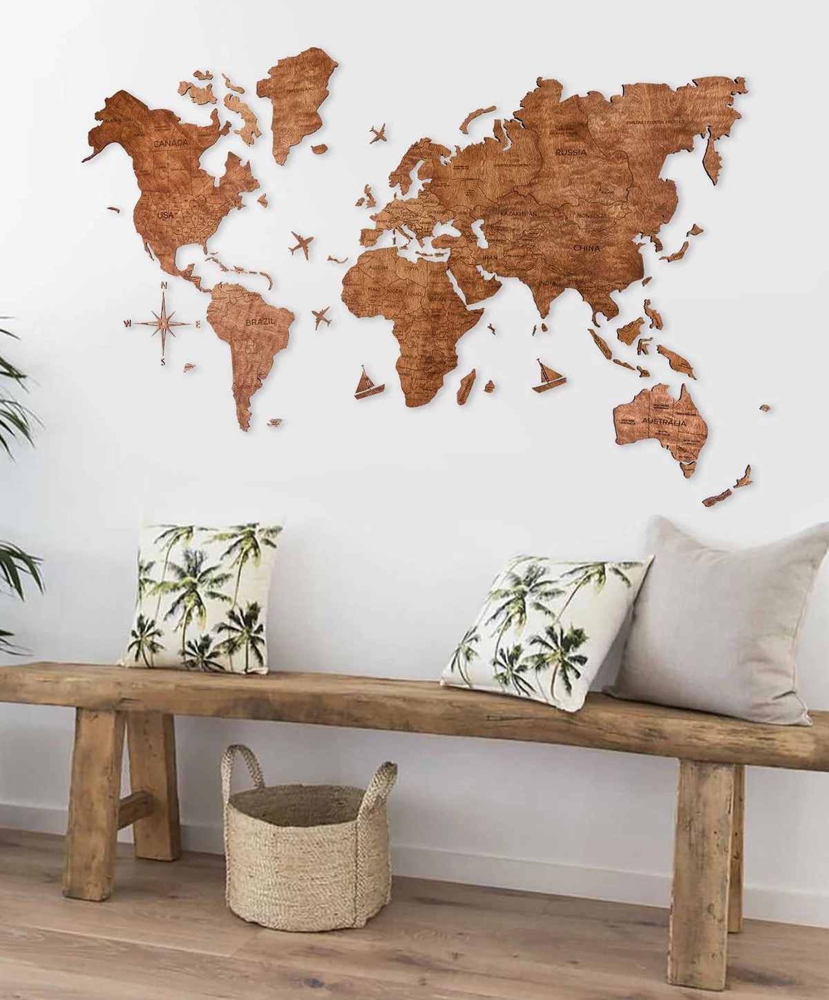 Mapa del mundo de madera color roble