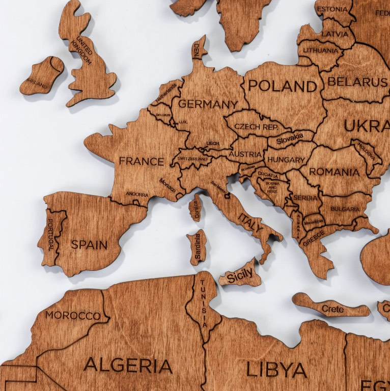 Mapa del mundo de madera color roble - continentes