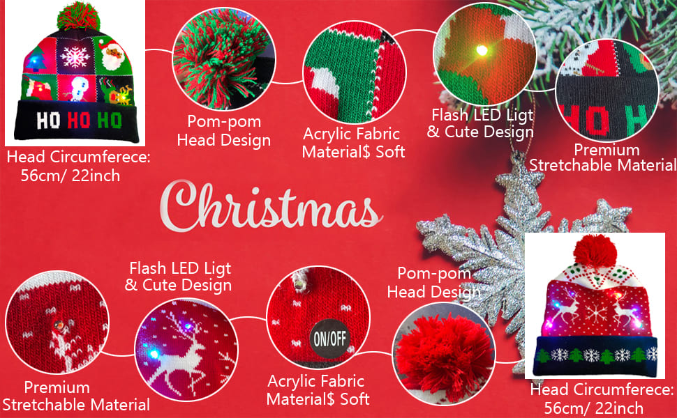 Gorro de invierno para Navidad con varios motivos (diseños) iluminado con LED