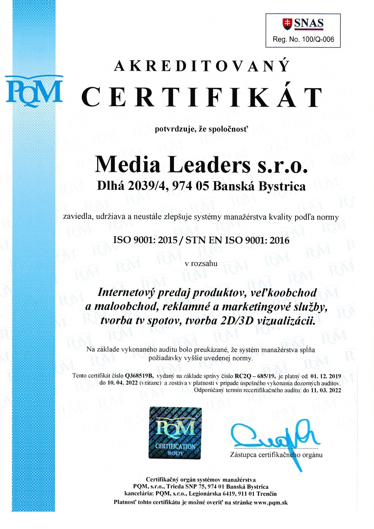 Certificado ISO 9001 Media Leaders sro