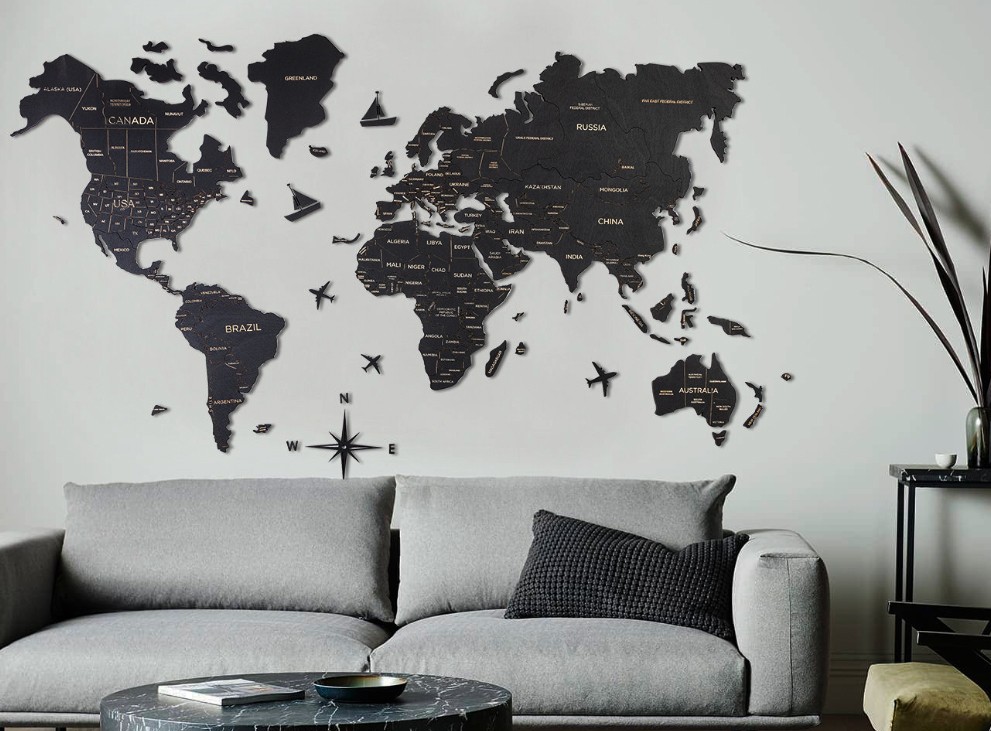 Mapa mural color madera negro