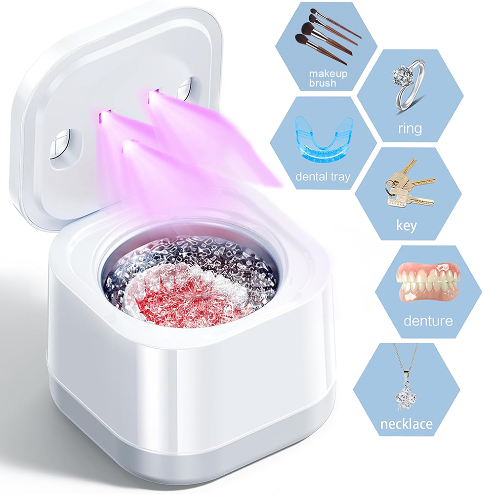 Dispositivo ultrasónico limpiador para alineadores, protectores bucales, aparatos ortopédicos, cabezales de cepillos de dientes y joyas.