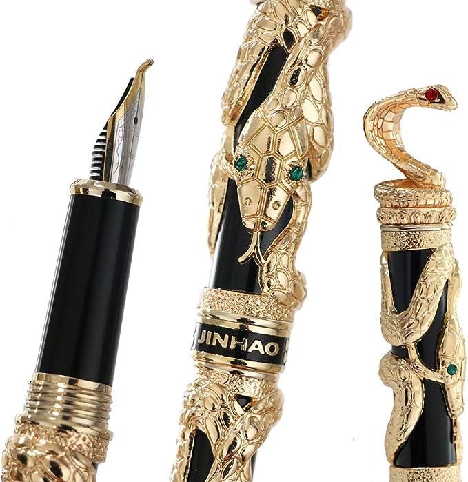 bolígrafo dorado decorado con una pluma de tinta de cobra de serpiente