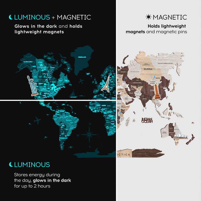 mapas de pared de madera magnéticos 3d fluorescentes