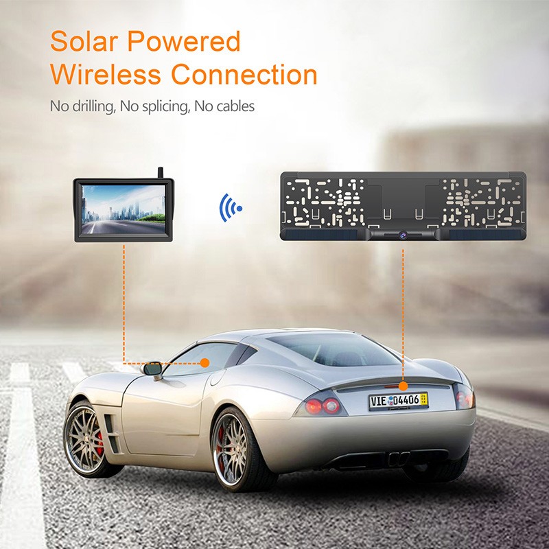 cámara de coche solar y monitor HD en matrícula