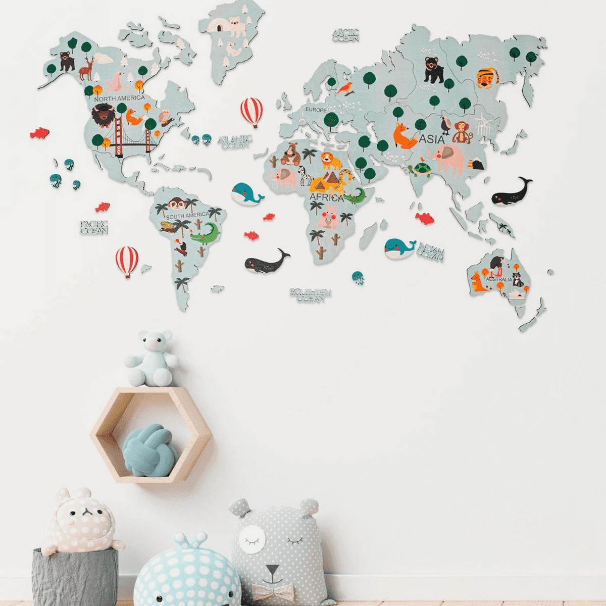 mapa de madera en la pared continentes 2D