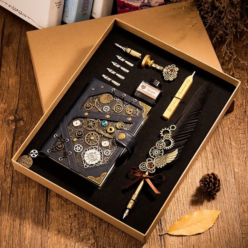 Cuaderno Steampunk + dip de pluma - exclusivo juego de bolígrafos de regalo de lujo