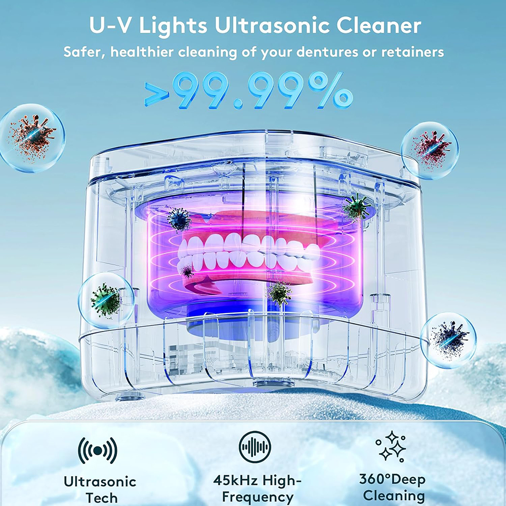 Limpiador ultrasónico de retenedores limpiador de dentaduras postizas U-V 99,99% limpieza ligera