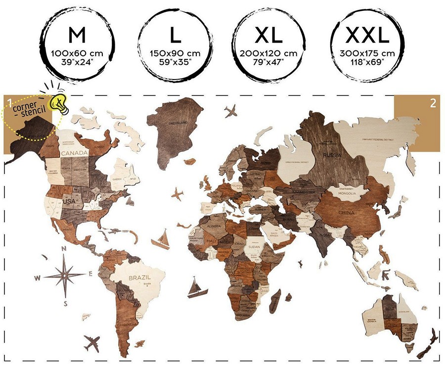 Pintura en madera 3D del tamaño del mapa mundial XXL