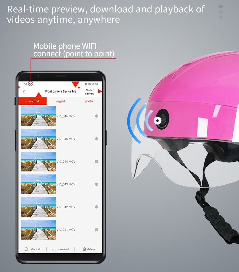 conexión wifi de la cámara del casco de la motocicleta a través de la aplicación del teléfono inteligente