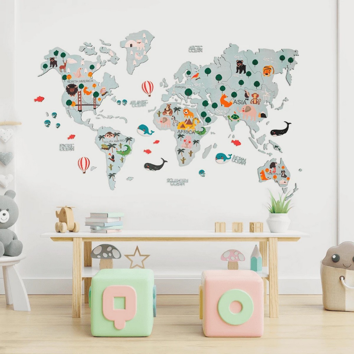 mapa del mundo 2d de madera para niños en la pared