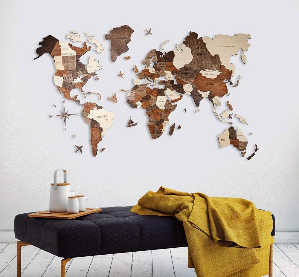 Mapas mundiales de madera en 3D en la pared