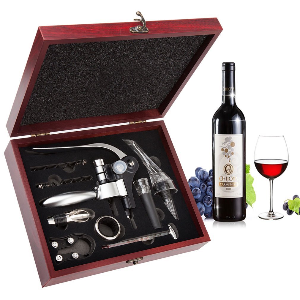 Idea de Regalo Original AMAVEL Set de 10 Accesorios de Vino para Sommelier Caja de Madera Incluida